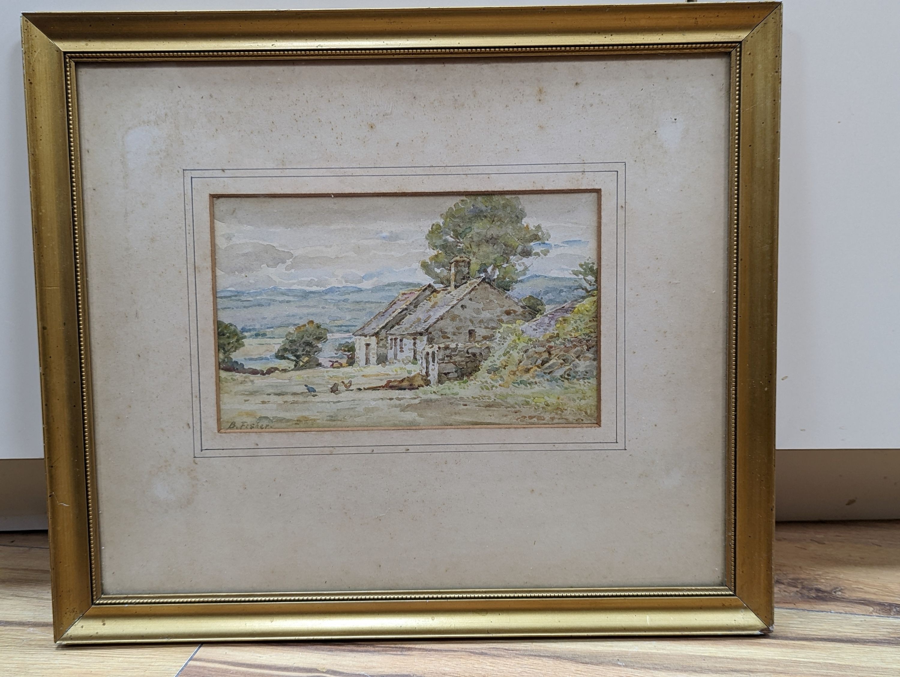 Bell Fisher, watercolour, Homestead near Rowen, signed with label verso, 13 x 22cm